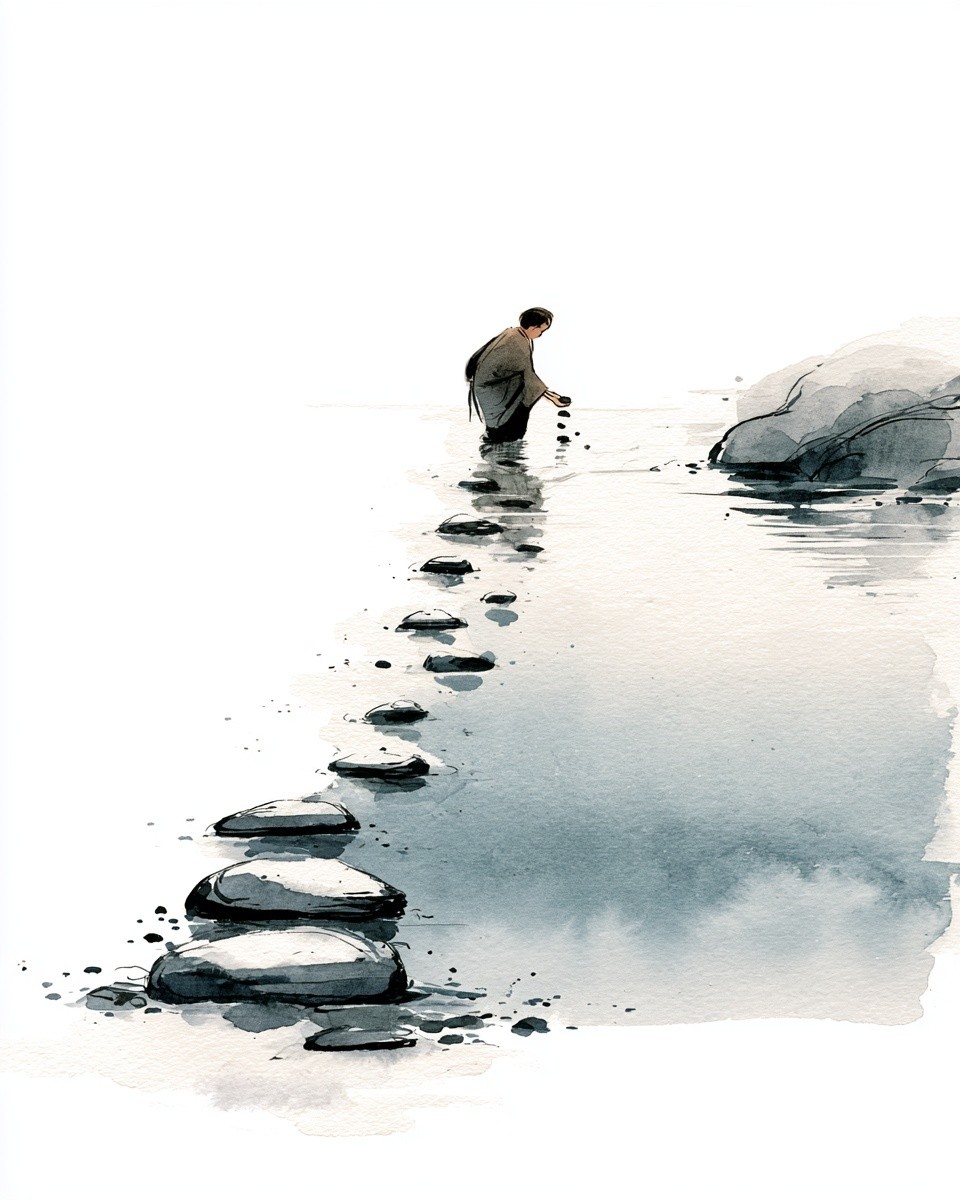 A simple Zen watercolor painting of a person standing...