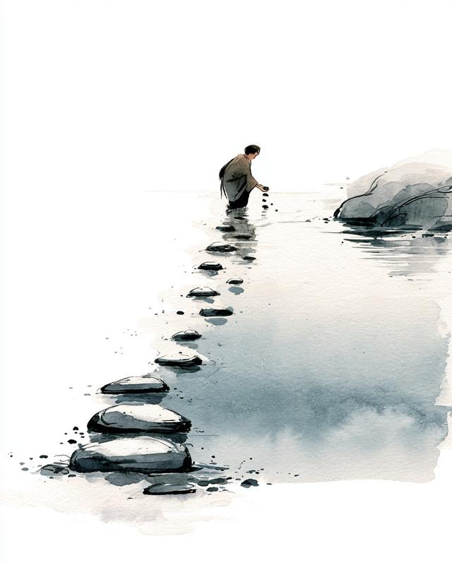 A simple Zen watercolor painting of a person standing...