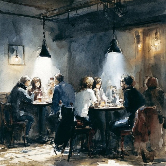 In a quiet bar people are gathered in groups...