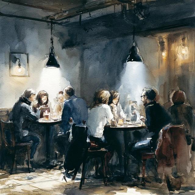 In a quiet bar people are gathered in groups...
