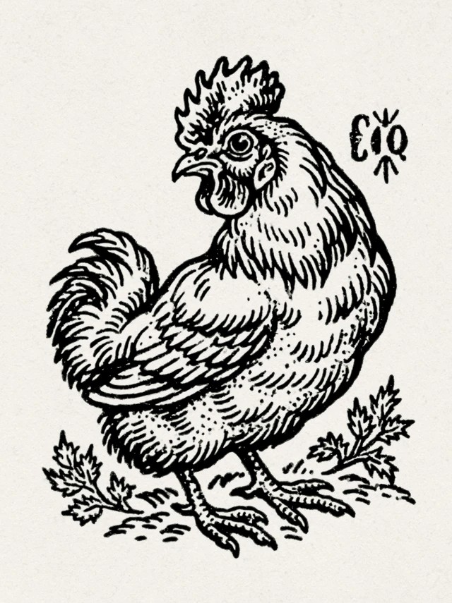 A simple line drawing of a Silkie Chicken vintage...
