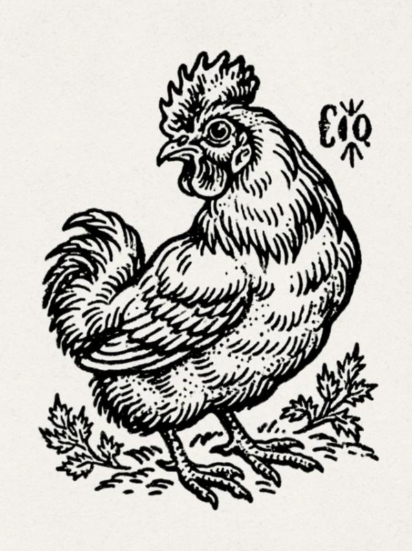 A simple line drawing of a Silkie Chicken vintage...