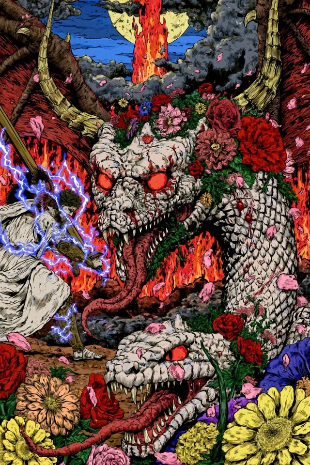 A portrait of Typhon battling a divine hero beneath...