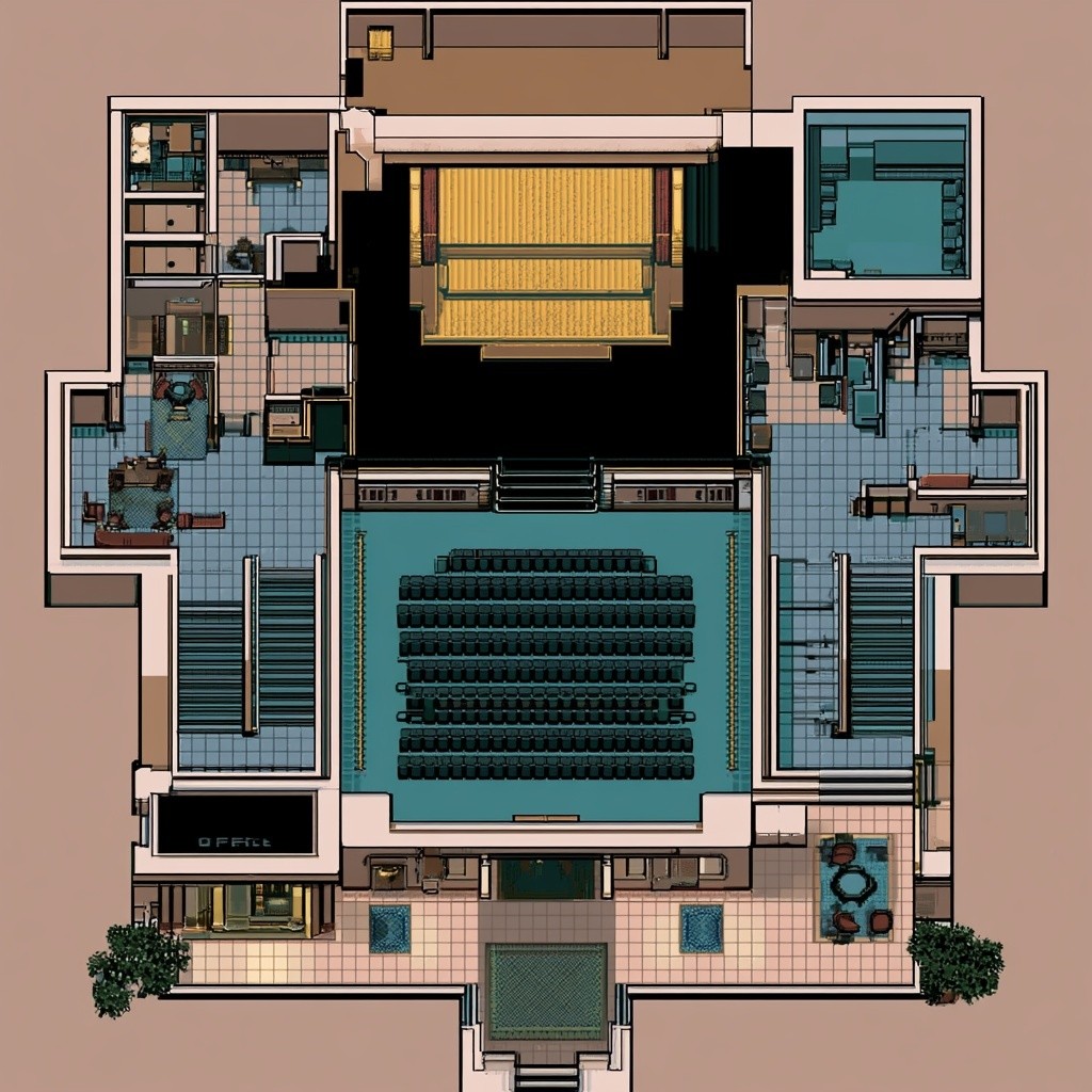 pixel art technical floor plan layout top down 16-bit...