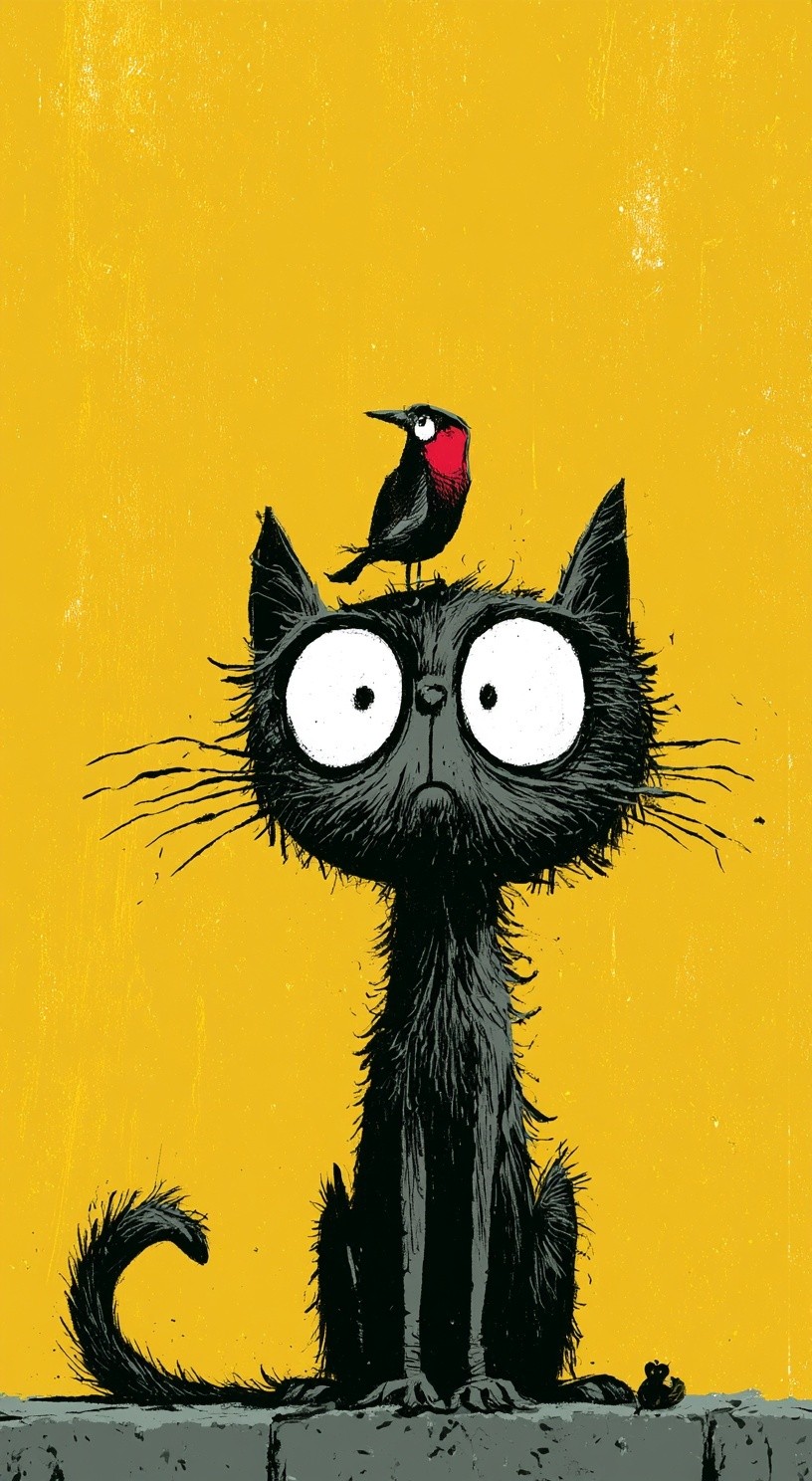 A black cat on a yellow background with a...