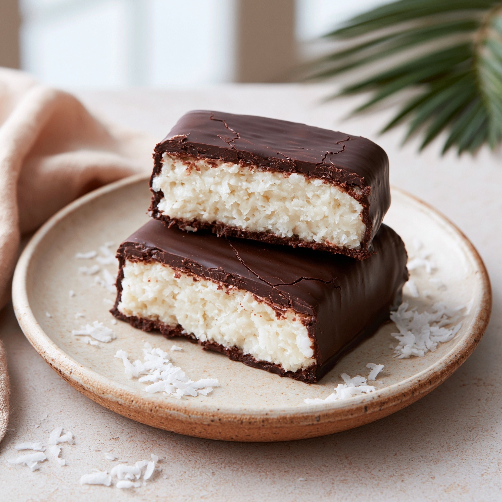homemade bounty style bars rectangular coconut filling coated in...