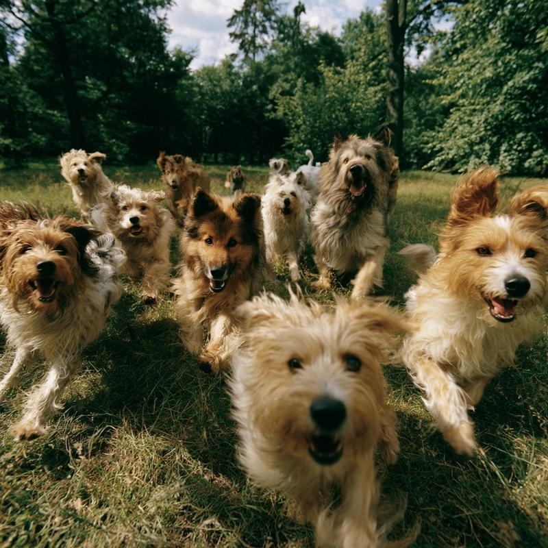 small dogs amd big dogs are playing in a...