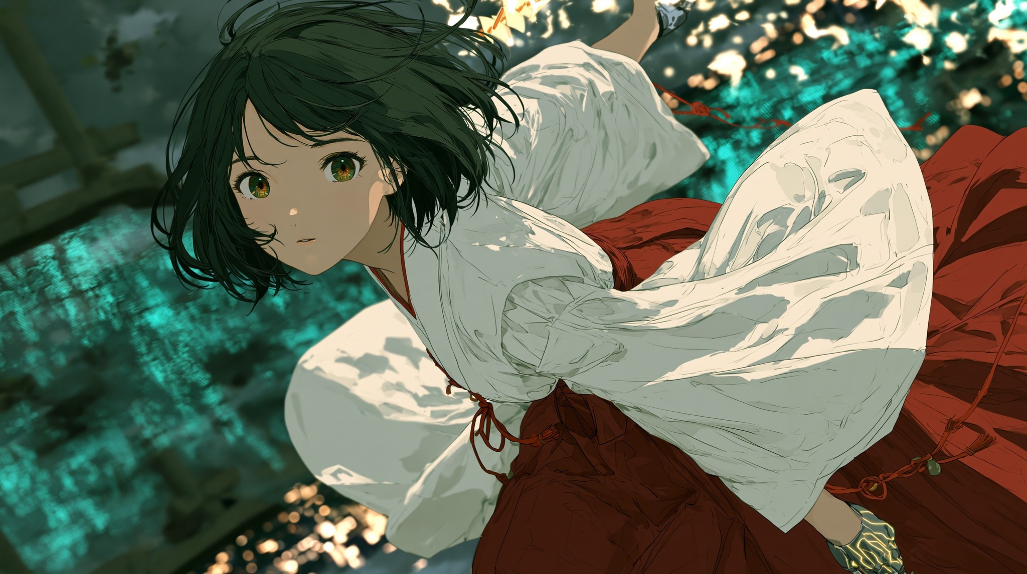 A beautiful young shrine maiden fully human body except...