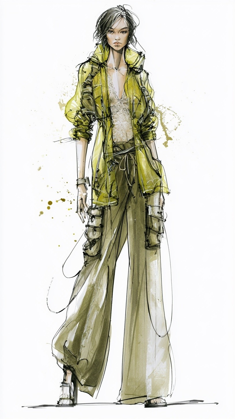A complete fashion design sketch of a model showcasing...