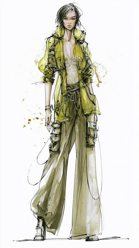 A complete fashion design sketch of a model showcasing...