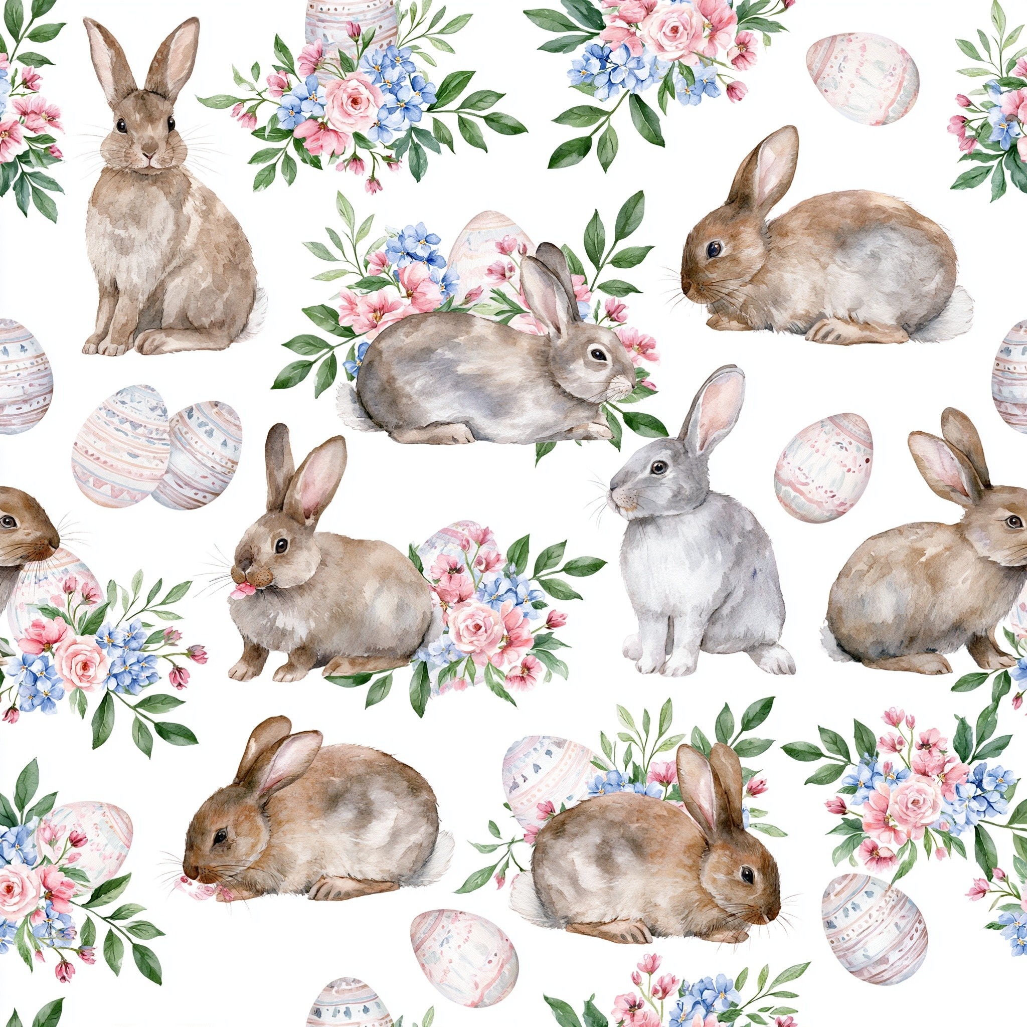 The watercolor pattern features adorable rabbits in brown and...