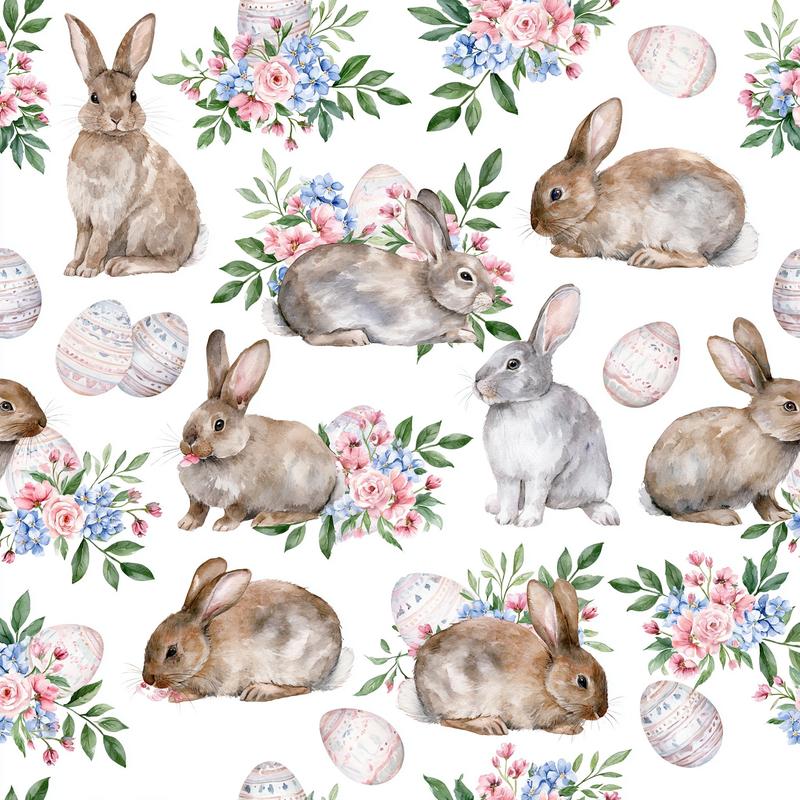 The watercolor pattern features adorable rabbits in brown and...