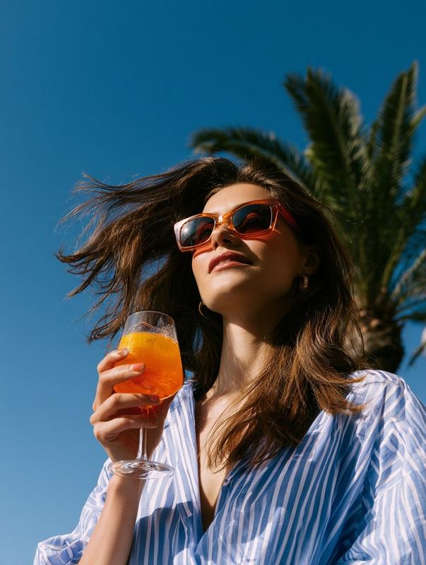 Stylish woman wearing sunglasses holding orange spritz cocktail outdoors...