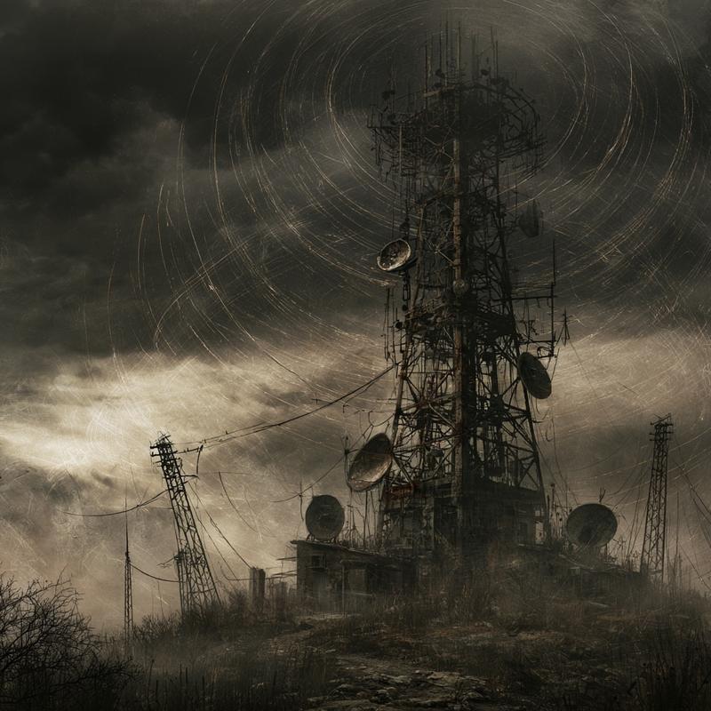 old radio tower with visible radio waves emminating rustic...