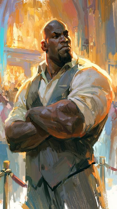 Painterly digital illustration of an imposing broad shouldered bouncer...
