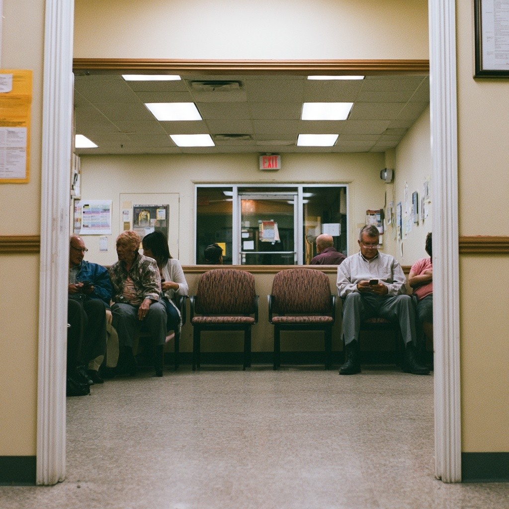 Documentary photograph inside an ordinary health clinic waiting room...