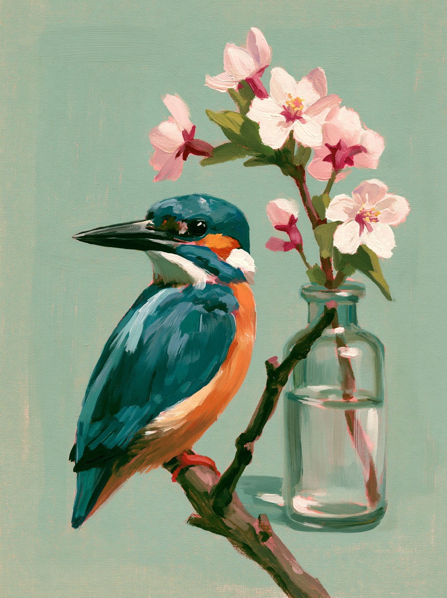 Hand painted gouache kingfisher white cherry blossom branch centred...