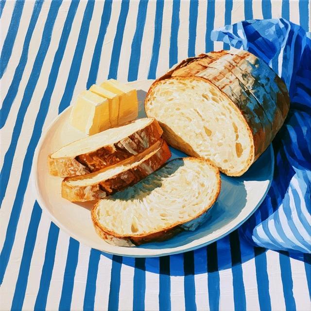 acrylic painting of bread slices and butter on blue...