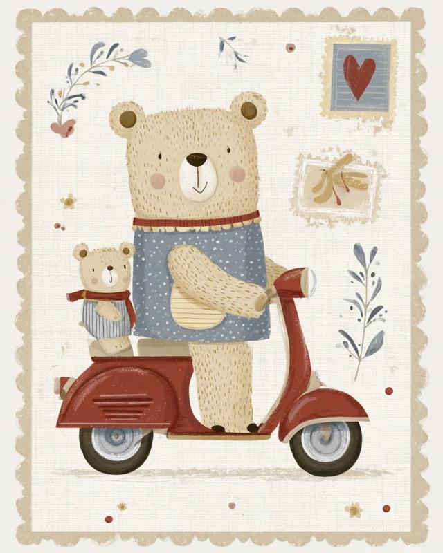 adorable teddy bear riding a bright red scooter with...