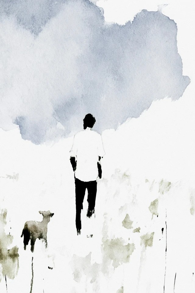 The Good Shepherd walking through a vast wildflower meadow...
