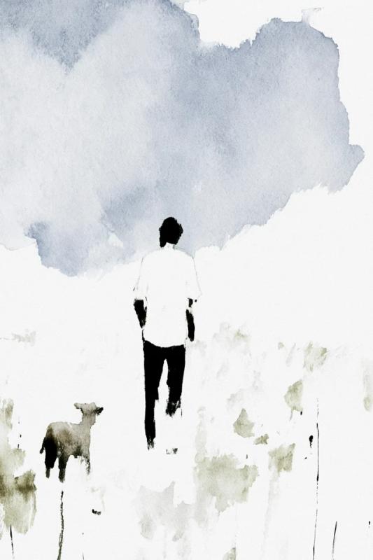 The Good Shepherd walking through a vast wildflower meadow...