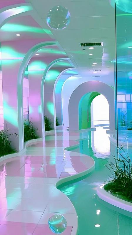 POV inside an indoor water garden hidden within a...