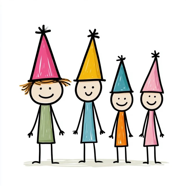 birthday party hats stick figures cute whimsy isolated on...