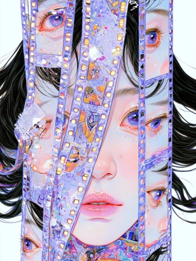 anime key visual of an adult woman's face divided...