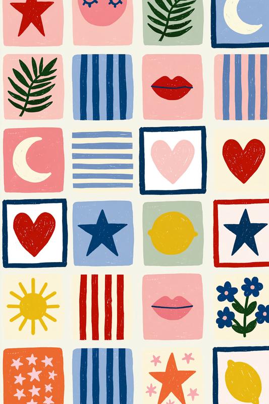 a grid of artistic squares creates a cheerful repeating...