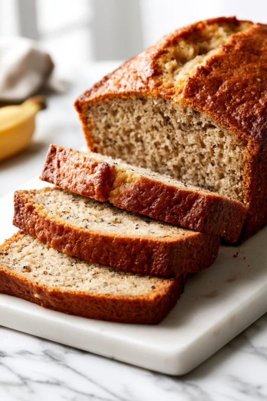 Realistic homemade Greek Yogurt Banana Bread loaf with several...