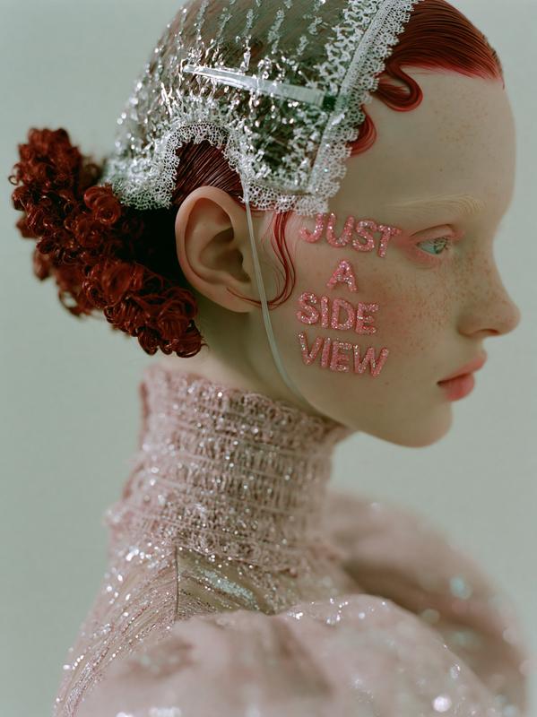 Makeup that reads JUST A SIDE VIEW on her...