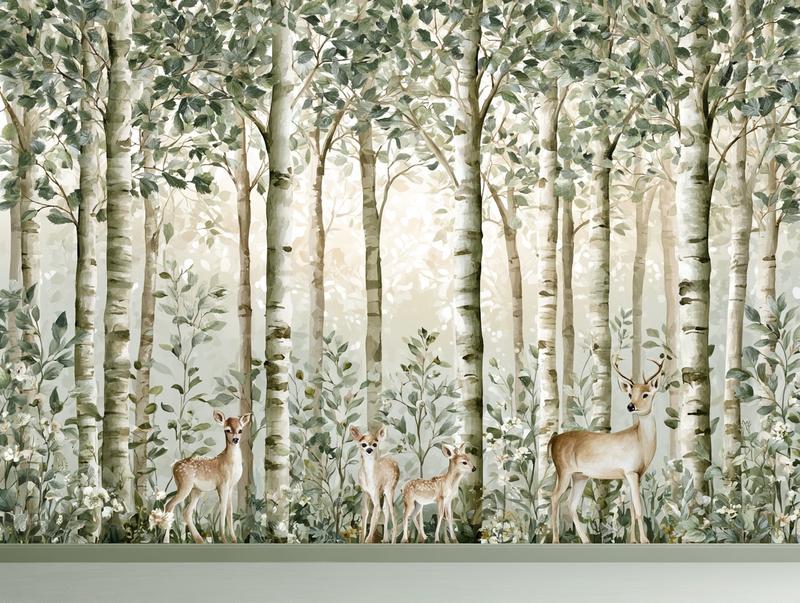 A wide mural of a forest at dawn with...