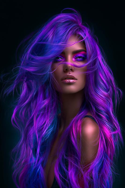 A woman with long thick bright purple hair Black...