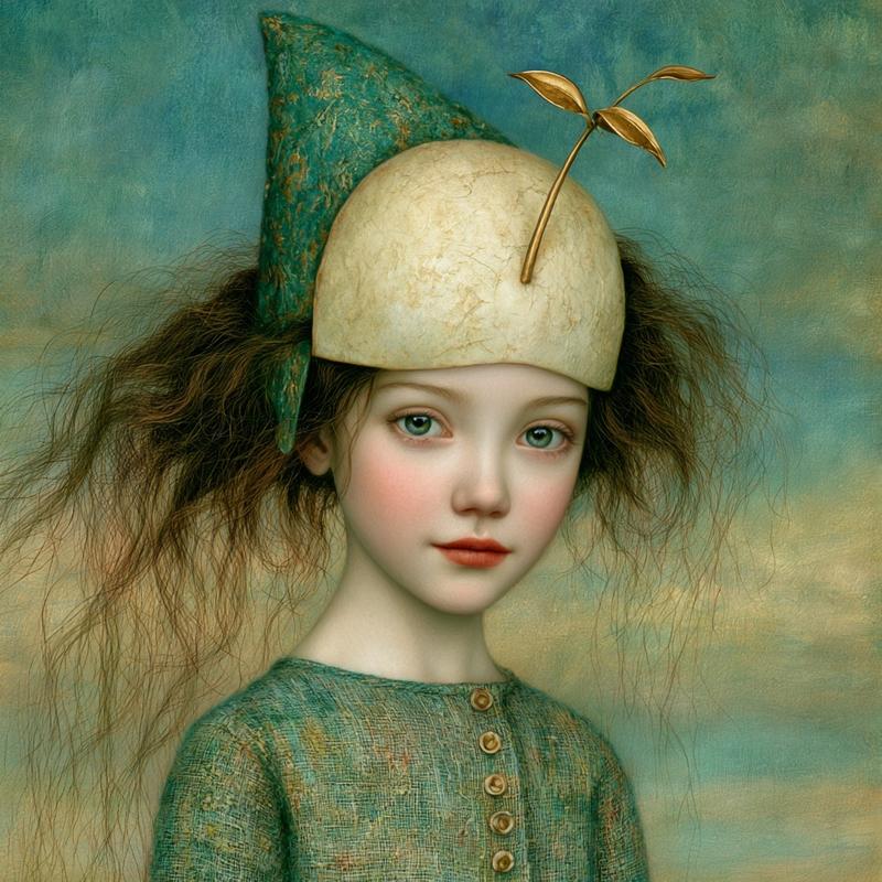 The Mask of Hope whimsical open-eyed joyful girl wearing...