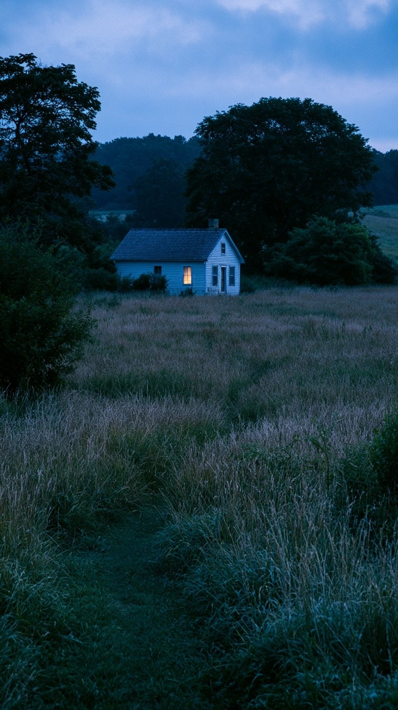 A lonely farmhouse in the distance at blue hour...