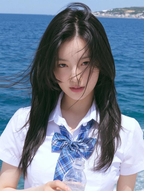 A slender delicate Korean high school girl with long...