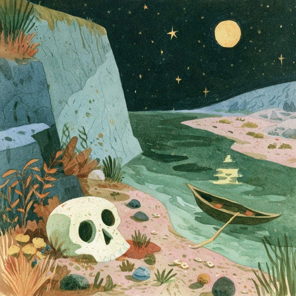 close up skull the styx river dark fantasy hand-draw...