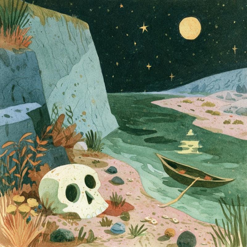 close up skull the styx river dark fantasy hand-draw...