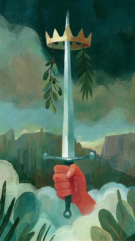 A single upright silver sword held firmly by a...