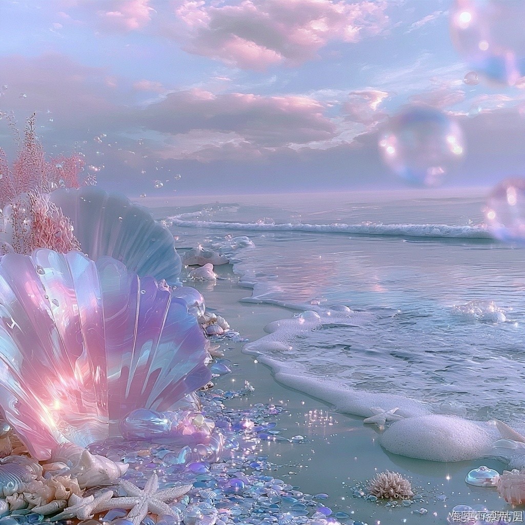 Pastel pink-and-blue dreamcore ocean scene fashion editorial aesthetic dreamy...