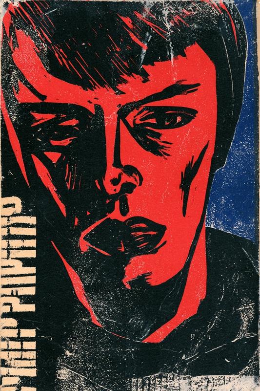 Ernst Ludwig Kirchner style expressionist woodcut angular emaciated figure...