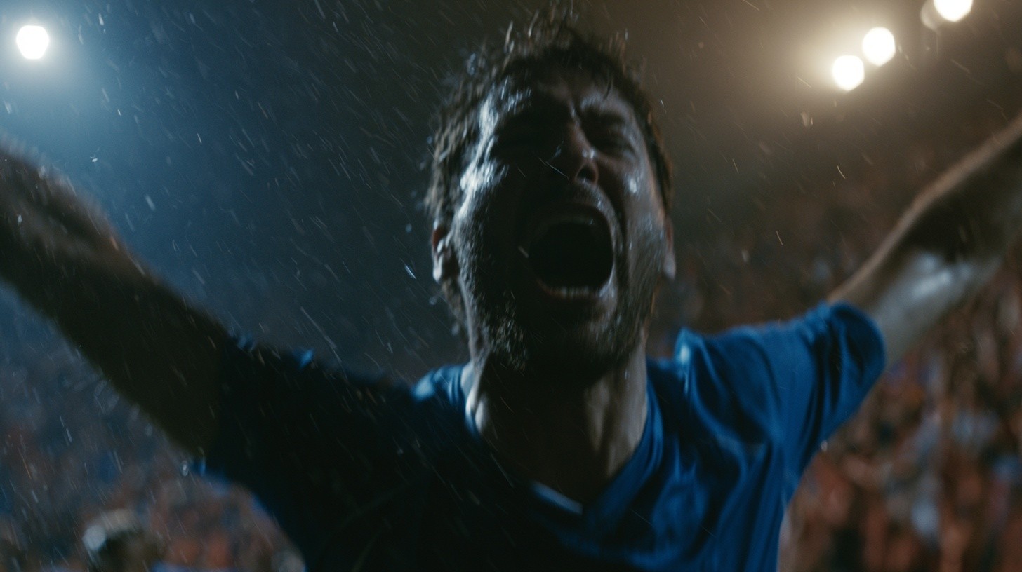 explosive goal celebration by a soccer player sprinting toward...