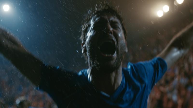 explosive goal celebration by a soccer player sprinting toward...