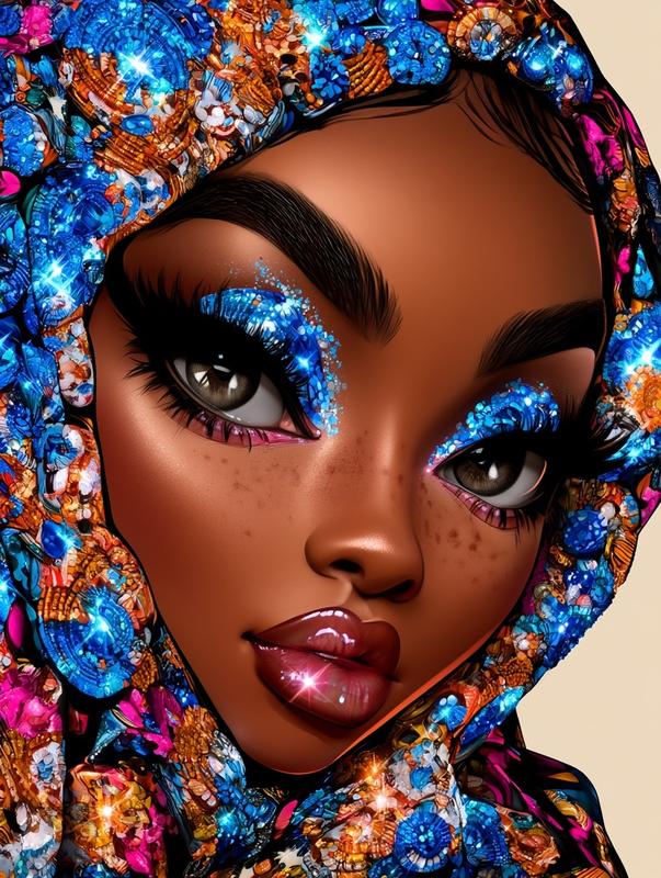 a close up stylized portrait of a dark skinned...