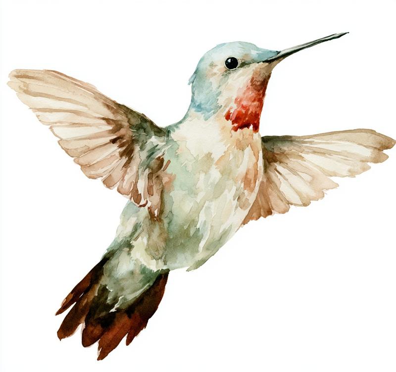 a watercolor artwork of a hummingbird rendered with soft...