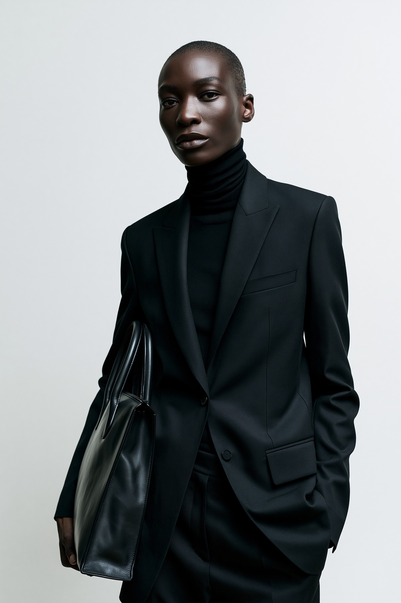 minimalist luxury fashion editorial dark-skinned female model wearing a...