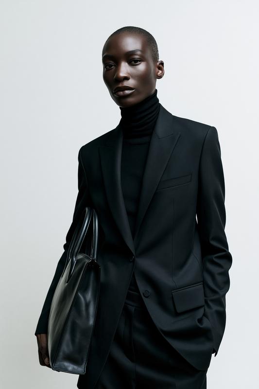 minimalist luxury fashion editorial dark-skinned female model wearing a...