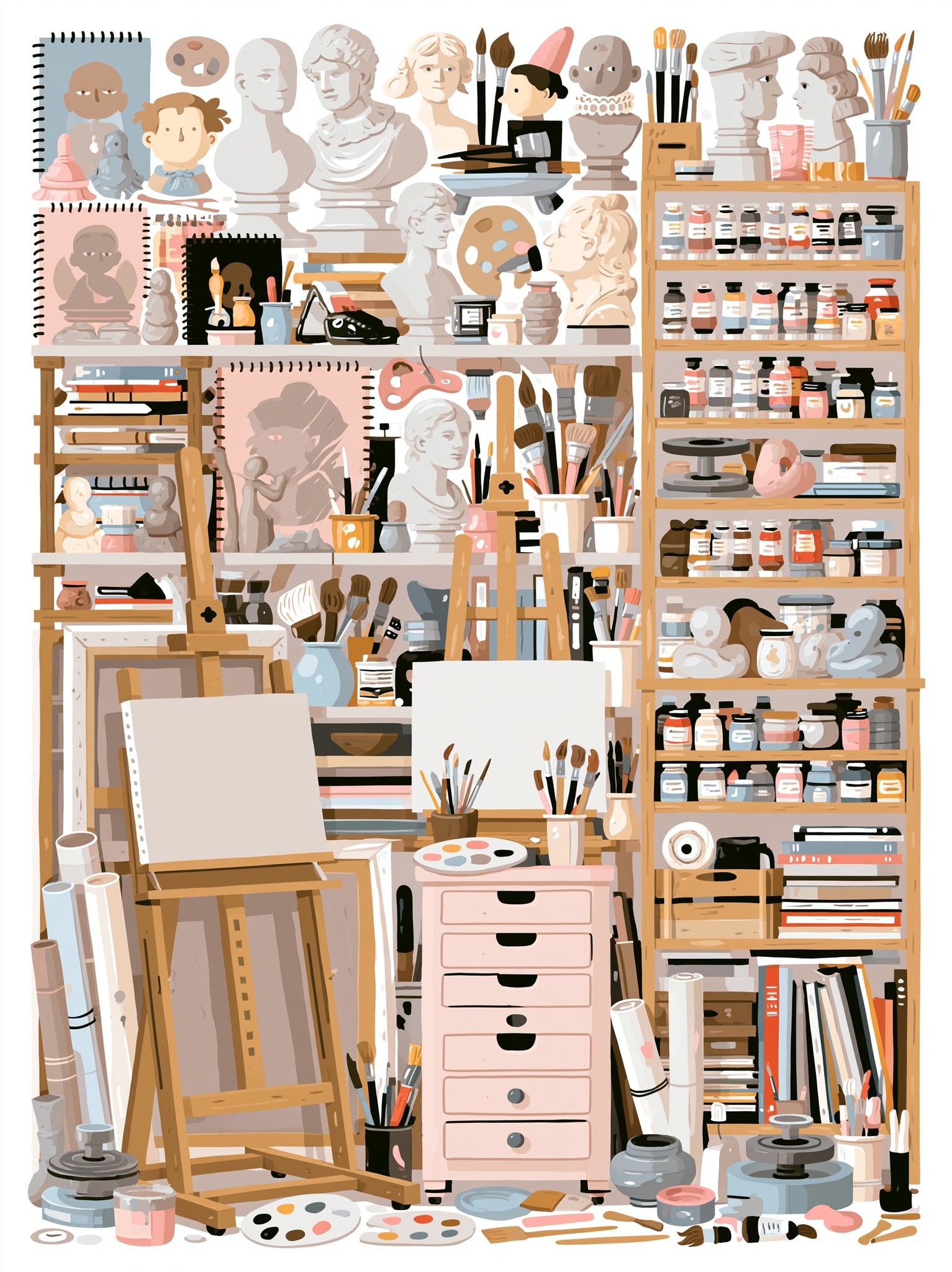 A cozy artist studio interior filled with wooden easels...