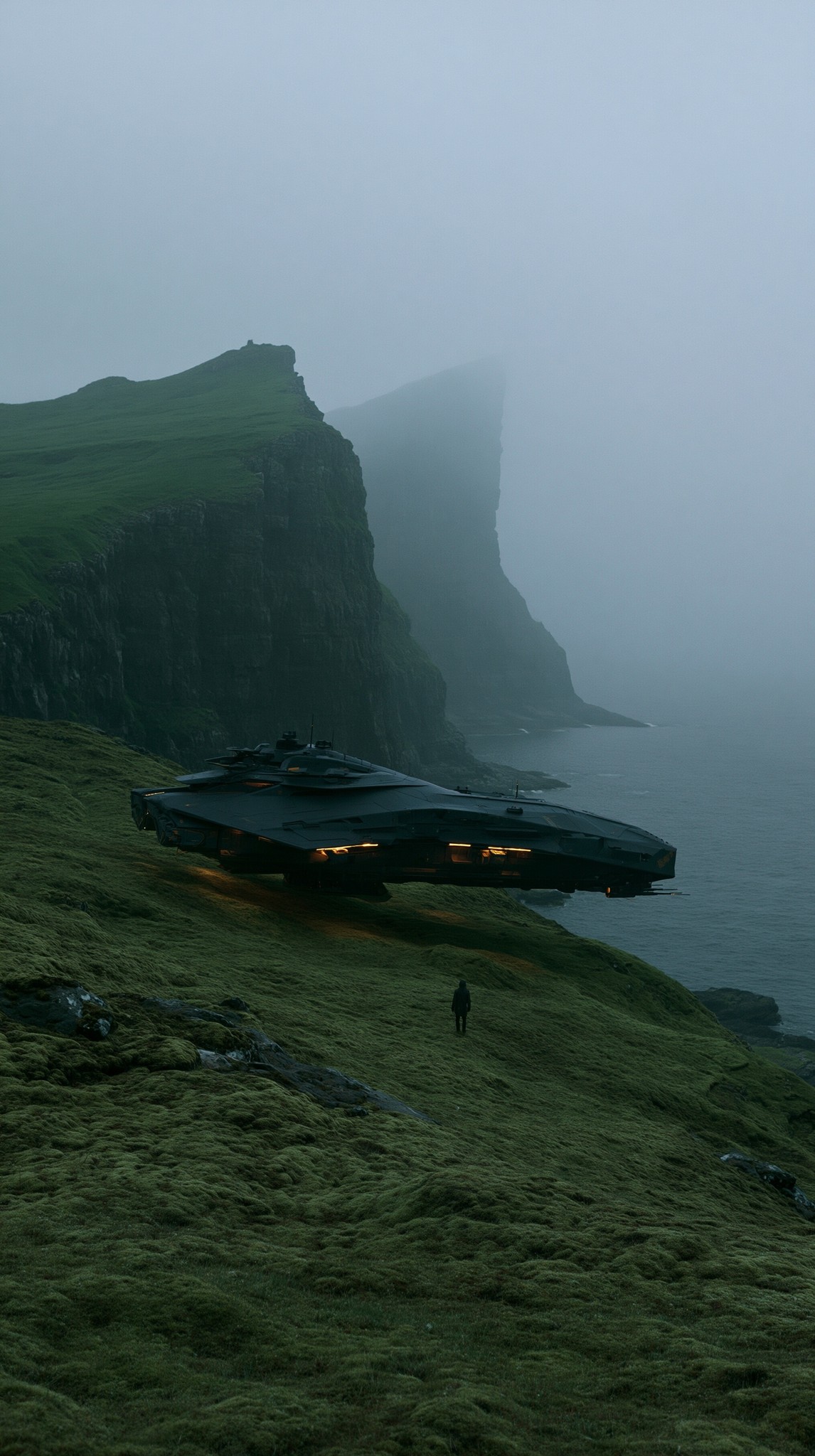 A sleek matte-black futuristic spacecraft hovering low above a...