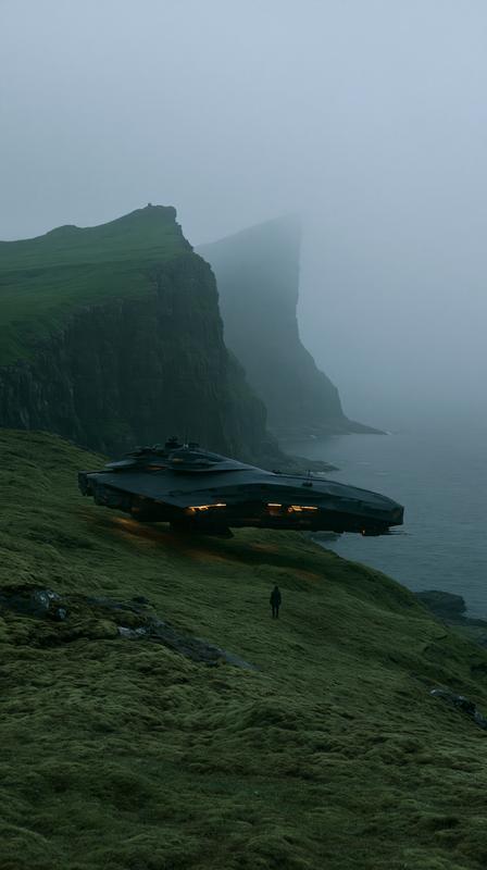 A sleek matte-black futuristic spacecraft hovering low above a...